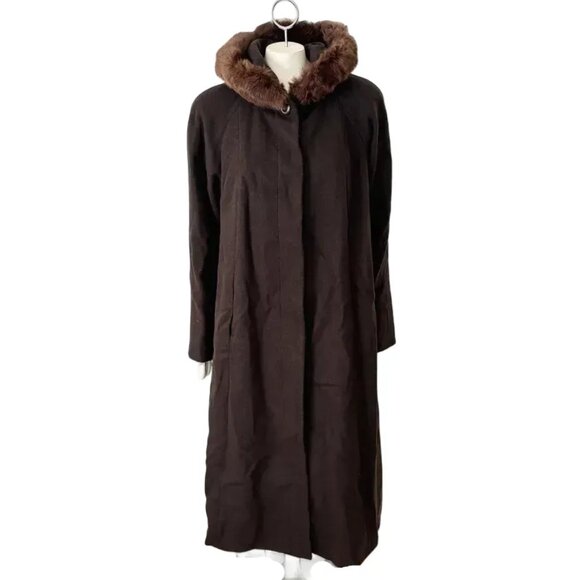 VTG WORTHINGTON 100% Wool Long Swing Coat  Fur Trimmed Hood  Brown  SZ 12 - Picture 13 of 13